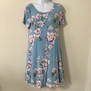 NWT Korsis Blue Floral Spring Summer Cottagecore Stretchy Casual Sun Dress Med